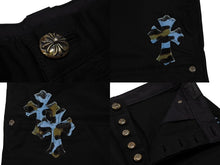 画像をギャラリービューアに読み込む, 新品同様 CHROME HEARTS クロムハーツ セントバース限定 デニム クロスパッチ ダブルニーハーフパンツ サイズ34 シルバー925 ハラコ コットン 中古 4b007769