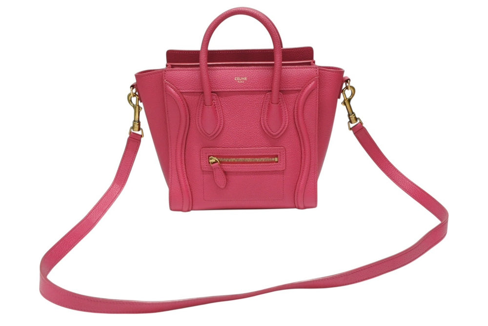 極美品 CELINE セリーヌ ラゲージ ナノ ショッパーバッグ 2WAYバッグ U-AT-0129 レザー ピンク アンティークゴールド金具 中古 4b007873