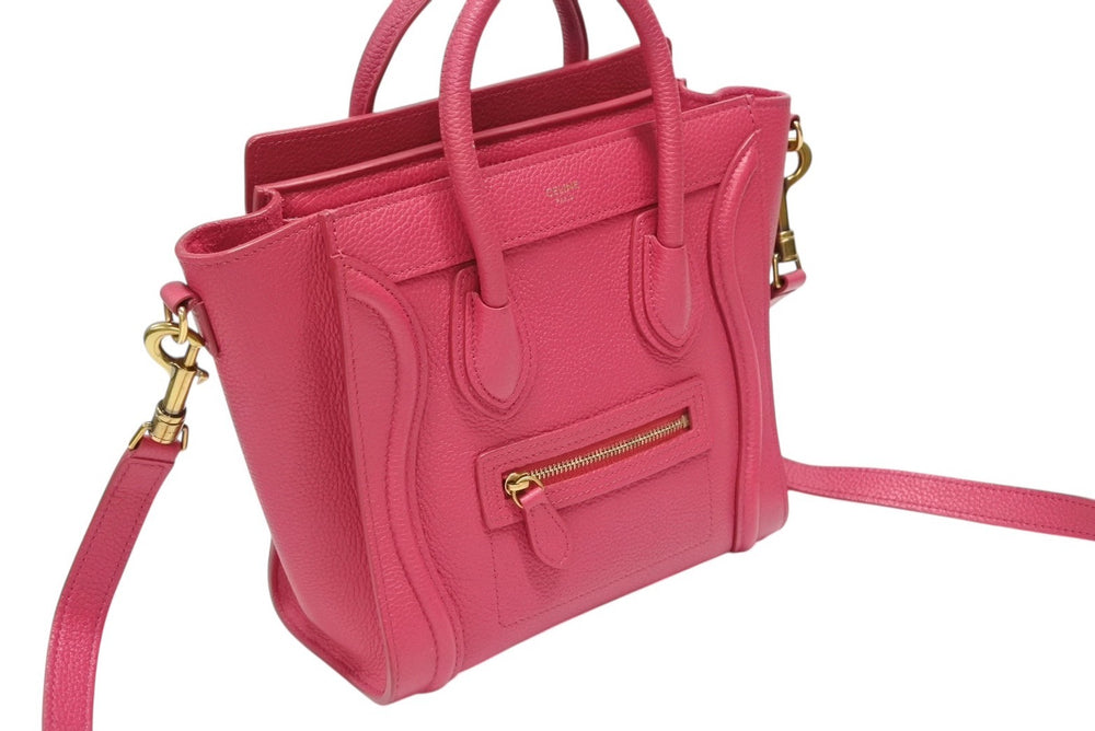 Very Good Condition CELINE Luggage Nano Shopper Bag 2WAY Bag U-AT-0129 Leather Pink Antique Gold Hardware Used 4b007873