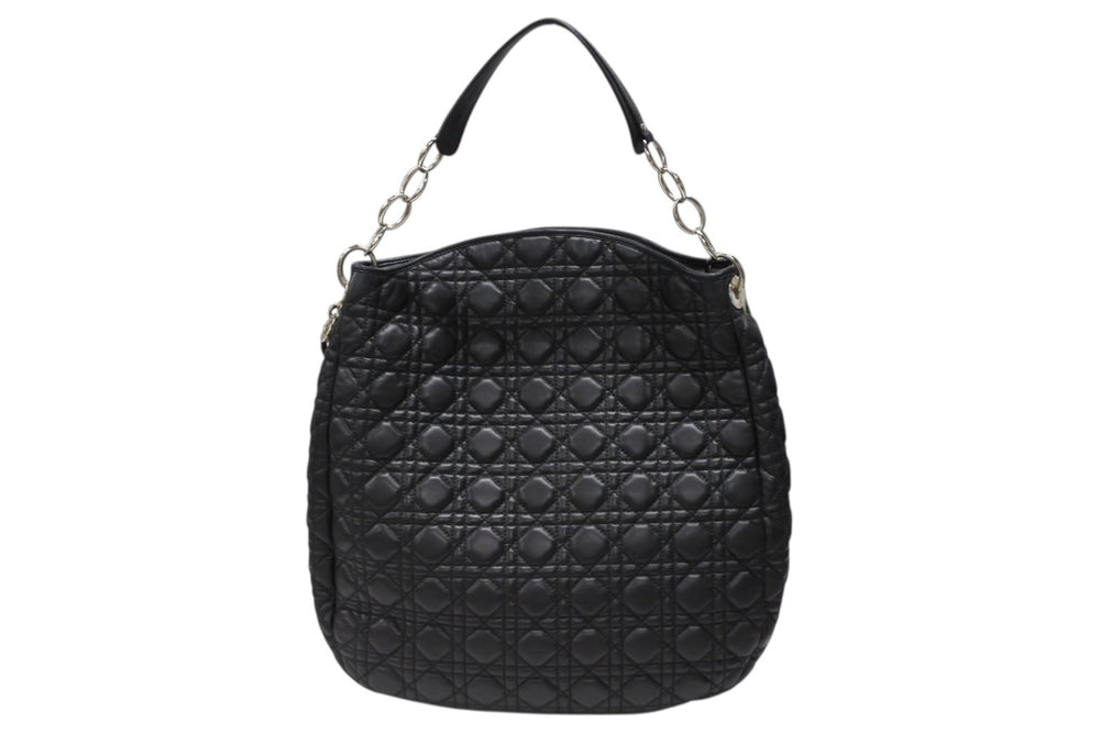 Very Good Condition Christian Dior Canage Shoulder Bag Black Lambskin Silver Hardware Used 4b007876