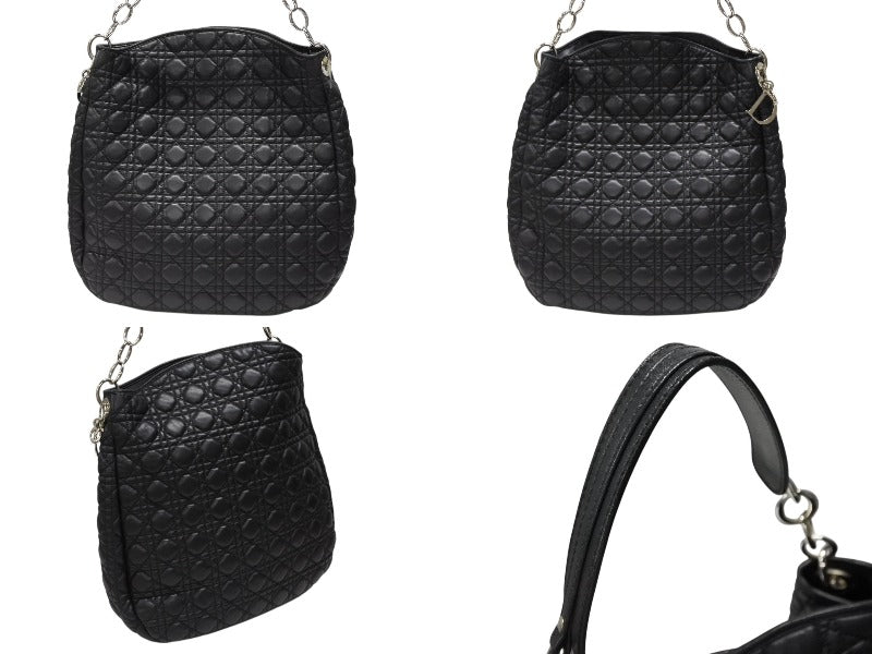 Very Good Condition Christian Dior Canage Shoulder Bag Black Lambskin Silver Hardware Used 4b007876
