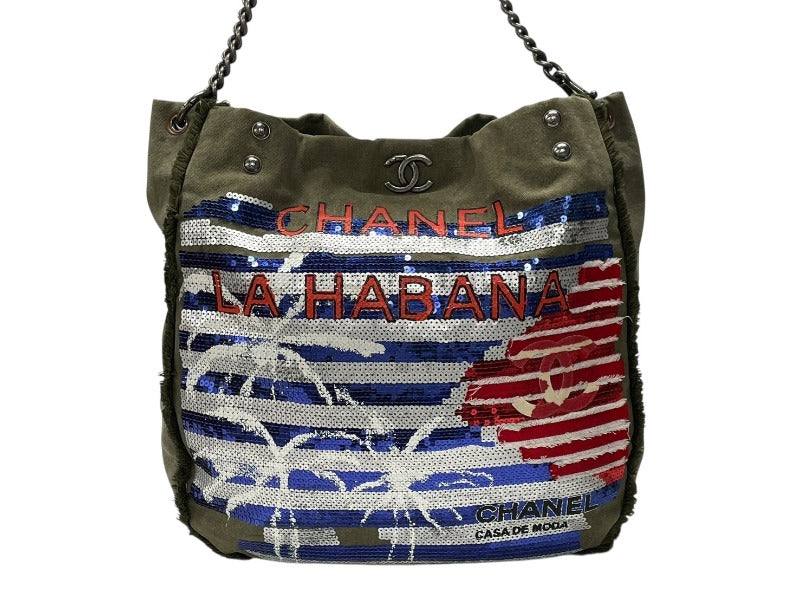 極美品 CHANEL シャネル クルーズライン LA HABANA ハバナ チェーンワンショルダーバッグ A93674 23番台 スパンコール カーキ 中古 4b007881