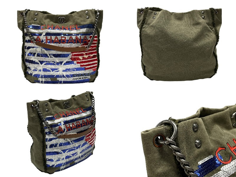 極美品 CHANEL シャネル クルーズライン LA HABANA ハバナ チェーンワンショルダーバッグ A93674 23番台 スパンコール カーキ 中古 4b007881