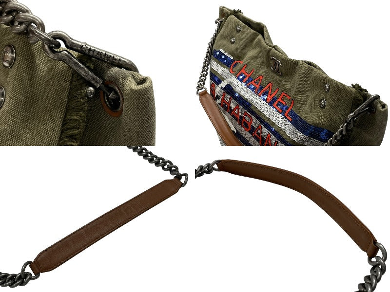 極美品 CHANEL シャネル クルーズライン LA HABANA ハバナ チェーンワンショルダーバッグ A93674 23番台 スパンコール カーキ 中古 4b007881