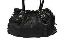 画像をギャラリービューアに読み込む, PRADA プラダ ギャザー 2WAYバッグ ハンドバッグ ショルダーバッグ カーフレザー ブラック ゴールド金具 美品 中古 4b007894