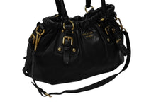 画像をギャラリービューアに読み込む, PRADA プラダ ギャザー 2WAYバッグ ハンドバッグ ショルダーバッグ カーフレザー ブラック ゴールド金具 美品 中古 4b007894