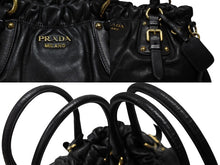 画像をギャラリービューアに読み込む, PRADA プラダ ギャザー 2WAYバッグ ハンドバッグ ショルダーバッグ カーフレザー ブラック ゴールド金具 美品 中古 4b007894