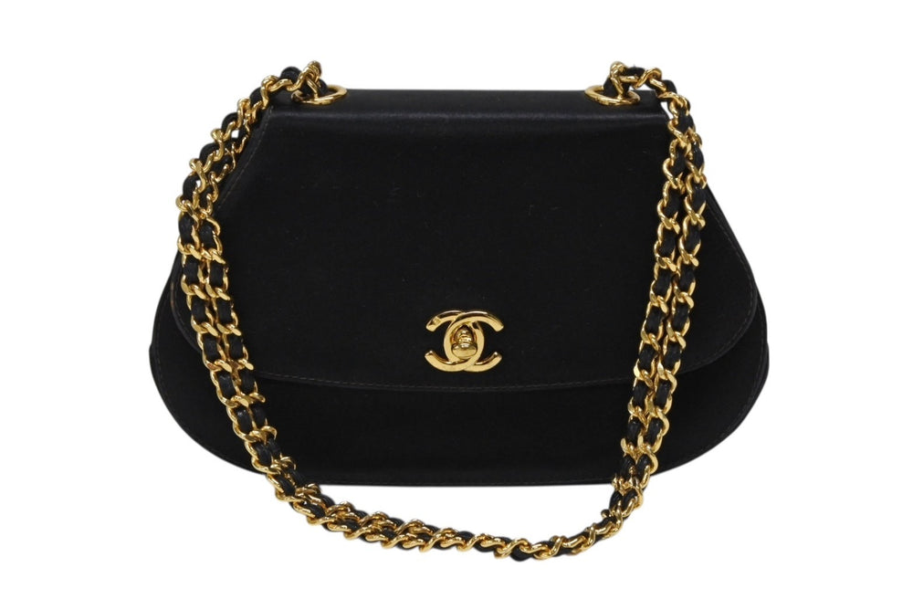 CHANEL Half Moon Chain One Shoulder Bag No. 3 Coco Mark Satin Leather Black Gold Hardware Good Used 4b007940