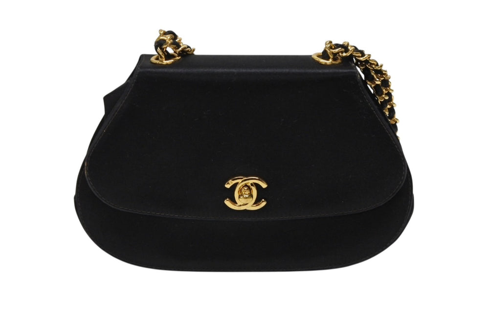 CHANEL Half Moon Chain One Shoulder Bag No. 3 Coco Mark Satin Leather Black Gold Hardware Good Used 4b007940