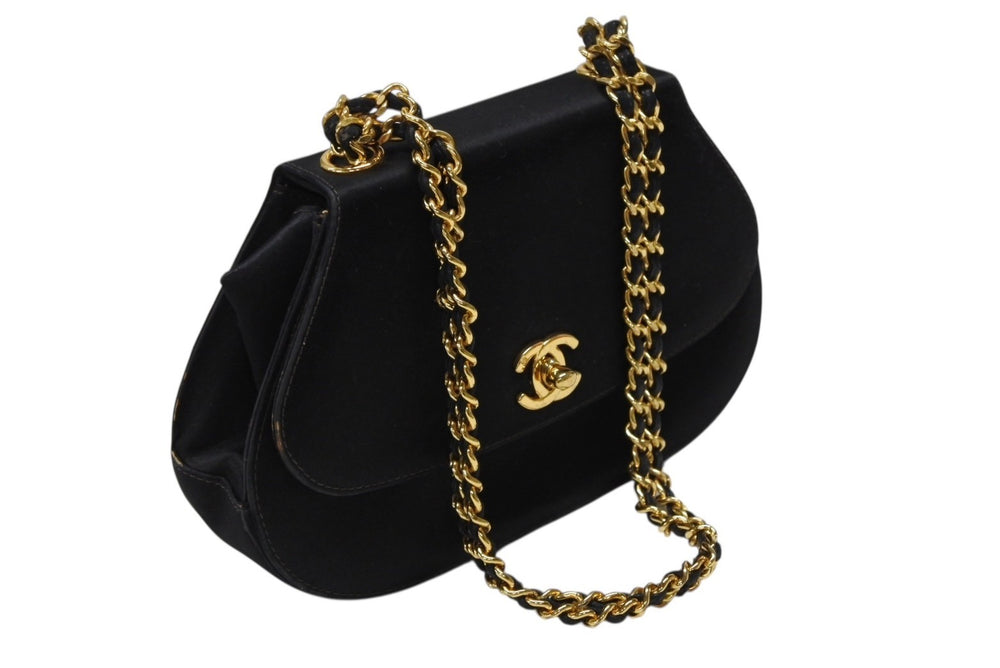 CHANEL Half Moon Chain One Shoulder Bag No. 3 Coco Mark Satin Leather Black Gold Hardware Good Used 4b007940