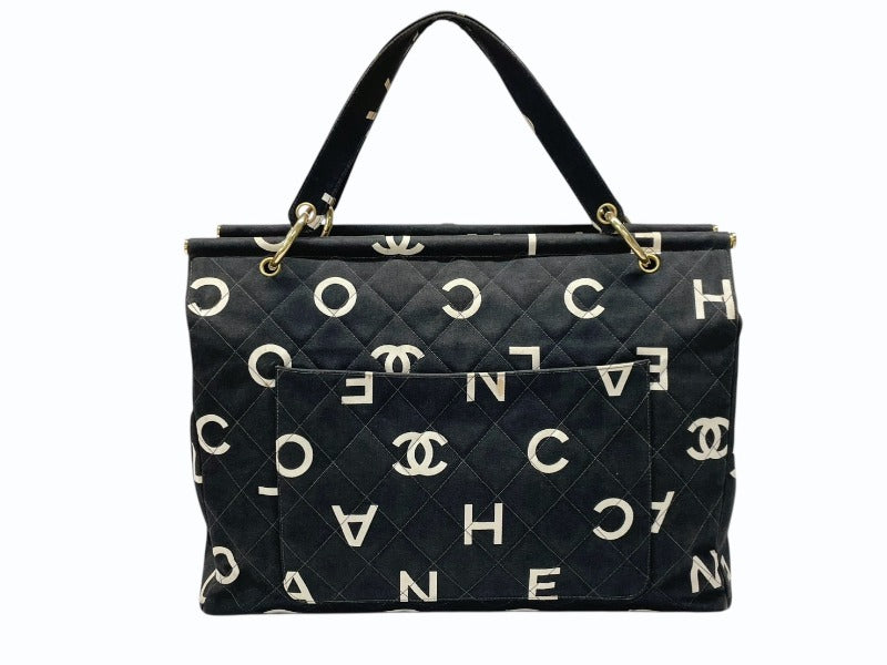 CHANEL Bycy Line Tote Bag Coco Mark Icon Cotton Canvas Leather Black Gold Hardware Good Condition Used 4b007946