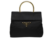 画像をギャラリービューアに読み込む, PRADA プラダ ハンドバッグ 33 トライアングルロゴ シングルメタルハンドル イタリア製 ナイロン ブラック ゴールド金具 美品 中古 4b007953