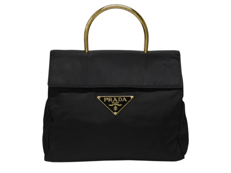 PRADA プラダ ゴールド メタルハンドル ハンドバッグ ナイロン ブラック PRADA メタルハンドルナイロン ショルダーバッグ