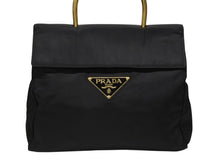 画像をギャラリービューアに読み込む, PRADA プラダ ハンドバッグ 33 トライアングルロゴ シングルメタルハンドル イタリア製 ナイロン ブラック ゴールド金具 美品 中古 4b007953