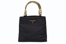 画像をギャラリービューアに読み込む, PRADA プラダ ハンドバッグ トライアングル ロゴ ナイロン ゴールド金具 黒 ブラック 美品 中古 4b007954