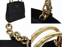 画像をギャラリービューアに読み込む, PRADA プラダ ハンドバッグ トライアングル ロゴ ナイロン ゴールド金具 黒 ブラック 美品 中古 4b007954