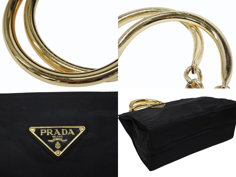 PRADA Prada Handbag Triangle Logo Nylon Gold Hardware Black Good Condition Used 4b007954