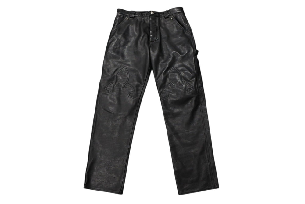 極美品 CHROME HEARTS クロムハーツ フレアニー カーペンター レザーパンツ ブラック シルバー925 ロゴ サイズ30 中古 4b007958