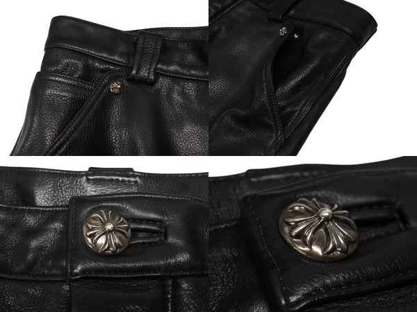 極美品 CHROME HEARTS クロムハーツ フレアニー カーペンター レザーパンツ ブラック シルバー925 ロゴ サイズ30 中古 4b007958