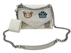 PRADA プラダ ロボット モノクローム チェーンショルダーバッグ 1BD127 サフィアーノレザー アイボリー シルバー金具 良品 中古 4b007961