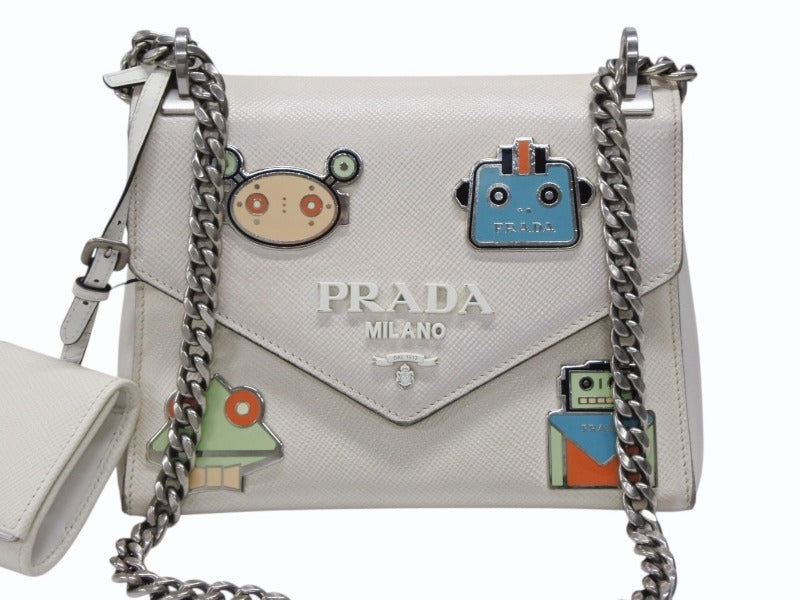 PRADA プラダ ロボット モノクローム チェーンショルダーバッグ 1BD127 サフィアーノレザー アイボリー シルバー金具 良品 中古 4b007961