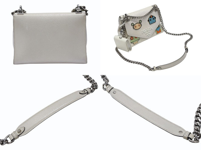 PRADA Prada Robot Monochrome Chain Shoulder Bag 1BD127 Saffiano Leather Ivory Silver Hardware Good Used 4b007961