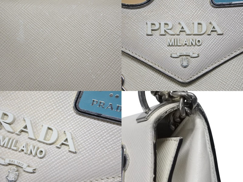 PRADA Prada Robot Monochrome Chain Shoulder Bag 1BD127 Saffiano Leather Ivory Silver Hardware Good Used 4b007961