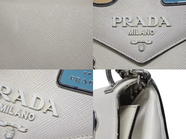 PRADA プラダ ロボット モノクローム チェーンショルダーバッグ 1BD127 サフィアーノレザー アイボリー シルバー金具 良品 中古 4b007961