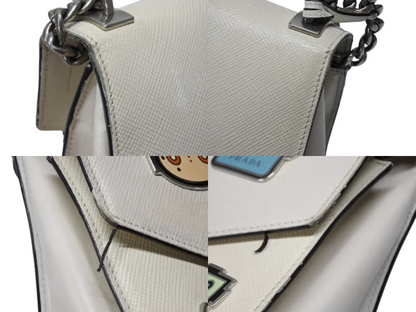 PRADA プラダ ロボット モノクローム チェーンショルダーバッグ 1BD127 サフィアーノレザー アイボリー シルバー金具 良品 中古 4b007961