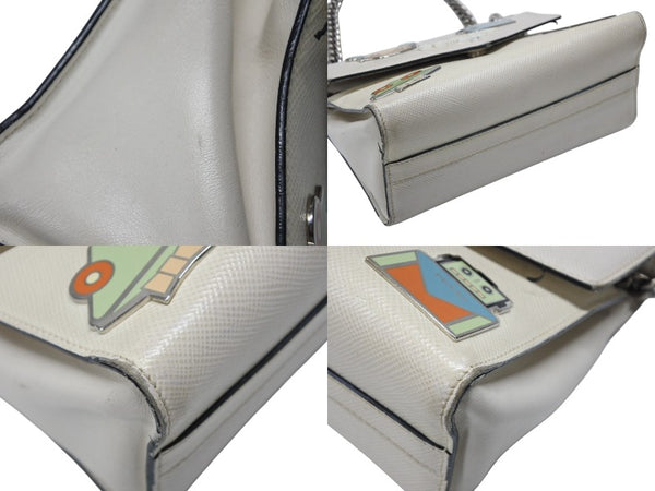 PRADA プラダ ロボット モノクローム チェーンショルダーバッグ 1BD127 サフィアーノレザー アイボリー シルバー金具 良品 中古 4b007961