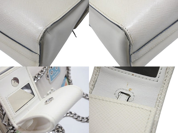 PRADA プラダ ロボット モノクローム チェーンショルダーバッグ 1BD127 サフィアーノレザー アイボリー シルバー金具 良品 中古 4b007961