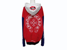 画像をギャラリービューアに読み込む, CHROME HEARTS クロムハーツ ホースシュー フーディー 袖ロゴプリント マルチカラー ブルー レッド ホワイト サイズS 美品 中古 4b007962