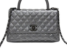 画像をギャラリービューアに読み込む, CHANEL シャネル トップハンドル フラップバッグ ハンドバッグ 29番台 ココハンドル ココマーク シルバー カーフレザー 美品 中古 4b008073