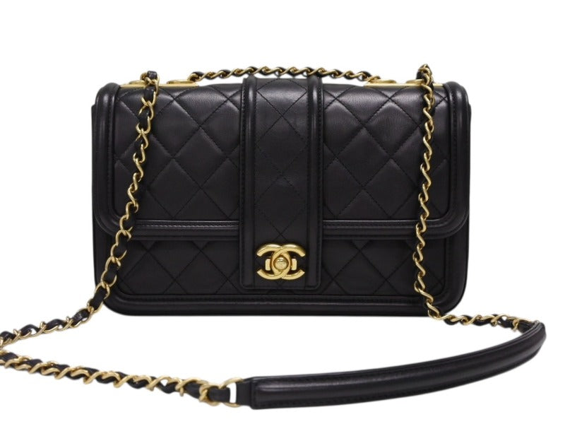 極美品 CHANEL シャネル Sフラップ Wチェーン ショルダーバッグ A90670 23番台 ココマーク ラムスキン ブラック ゴールド金具 中古 4b008074