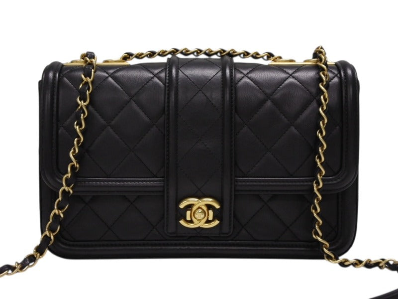 極美品 CHANEL シャネル Sフラップ Wチェーン ショルダーバッグ A90670 23番台 ココマーク ラムスキン ブラック ゴールド金具 中古 4b008074