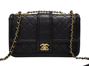 極美品 CHANEL シャネル Sフラップ Wチェーン ショルダーバッグ A90670 23番台 ココマーク ラムスキン ブラック ゴールド金具 中古 4b008074