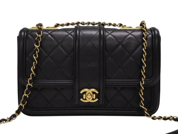 極美品 CHANEL シャネル Sフラップ Wチェーン ショルダーバッグ A90670 23番台 ココマーク ラムスキン ブラック ゴールド金具 中古 4b008074