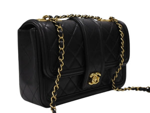極美品 CHANEL シャネル Sフラップ Wチェーン ショルダーバッグ A90670 23番台 ココマーク ラムスキン ブラック ゴールド金具 中古 4b008074