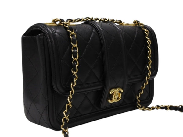 極美品 CHANEL シャネル Sフラップ Wチェーン ショルダーバッグ A90670 23番台 ココマーク ラムスキン ブラック ゴールド金具 中古 4b008074