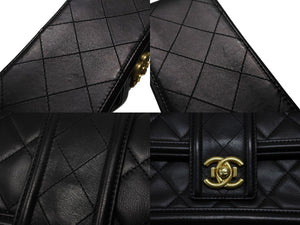 極美品 CHANEL シャネル Sフラップ Wチェーン ショルダーバッグ A90670 23番台 ココマーク ラムスキン ブラック ゴールド金具 中古 4b008074