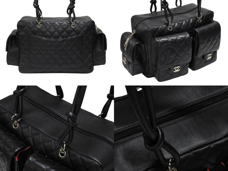 Very Good Condition CHANEL Cambon Line Multi-Pocket Cambon Line Boston Bag No. 9 Calf Leather Black Pink Used 4b008119