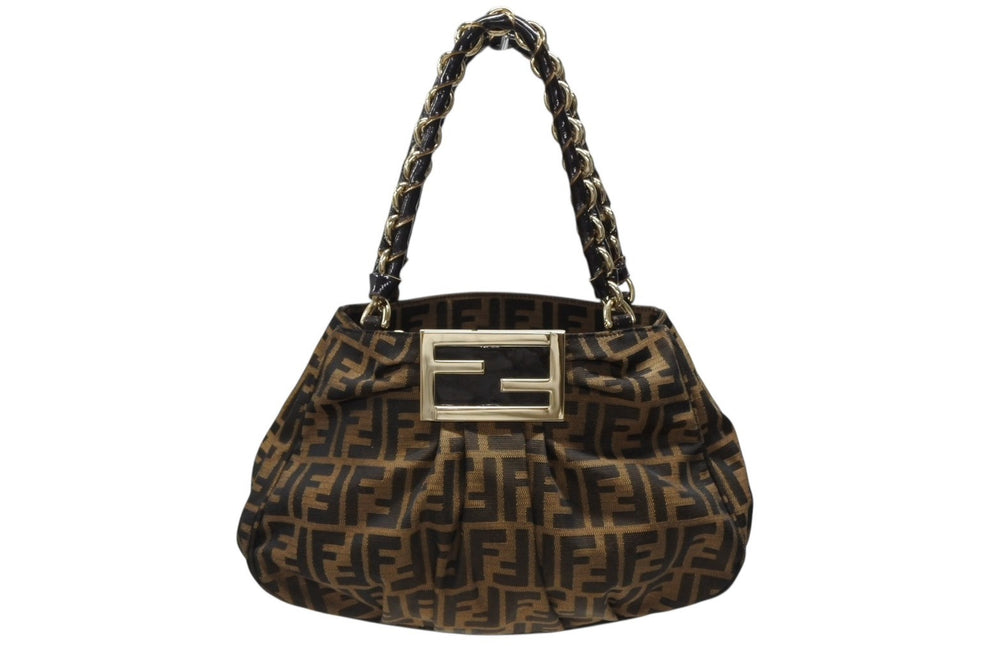 極美品 FENDI フェンディ ハンドバッグ 8BR615 ズッカ柄 キャンバス レザー ブラウン ブラック イタリア製 ゴールド金具 中古 4b008121