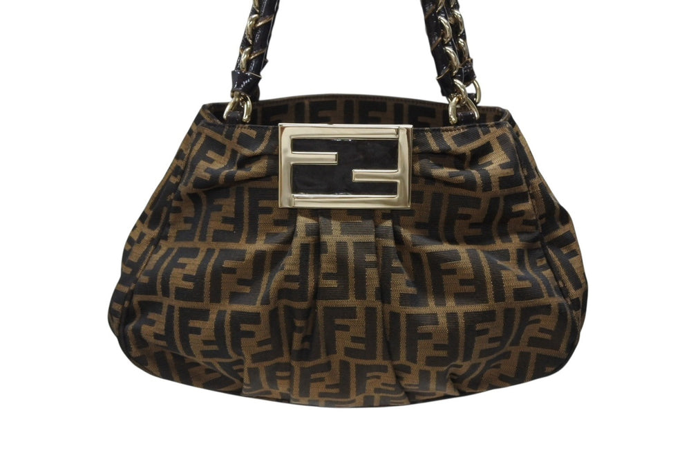 極美品 FENDI フェンディ ハンドバッグ 8BR615 ズッカ柄 キャンバス レザー ブラウン ブラック イタリア製 ゴールド金具 中古 4b008121