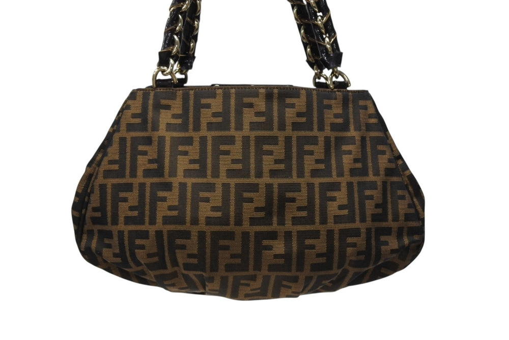 極美品 FENDI フェンディ ハンドバッグ 8BR615 ズッカ柄 キャンバス レザー ブラウン ブラック イタリア製 ゴールド金具 中古 4b008121