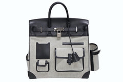 HERMES エルメス オータクロア40 カーゴ ハンドバッグ トワルアッシュ ヴォーエバーカーフ エクリュ ブラック Z刻印 2021年 SV金具 美品 中古 4b008142