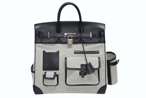 HERMES エルメス オータクロア40 カーゴ ハンドバッグ トワルアッシュ ヴォーエバーカーフ エクリュ ブラック Z刻印 2021年 SV金具 美品 中古 4b008142