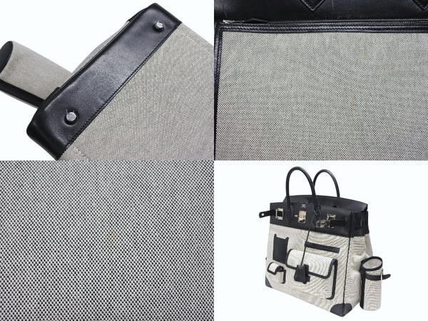 HERMES エルメス オータクロア40 カーゴ ハンドバッグ トワルアッシュ ヴォーエバーカーフ エクリュ ブラック Z刻印 2021年 SV金具 美品 中古 4b008142