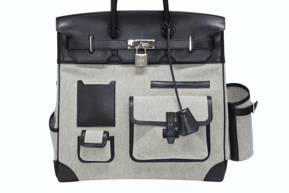 HERMES エルメス オータクロア40 カーゴ ハンドバッグ トワルアッシュ ヴォーエバーカーフ エクリュ ブラック Z刻印 2021年 SV金具 美品 中古 4b008142
