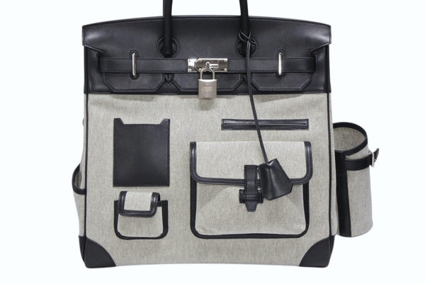 HERMES エルメス オータクロア40 カーゴ ハンドバッグ トワルアッシュ ヴォーエバーカーフ エクリュ ブラック Z刻印 2021年 SV金具 美品 中古 4b008142