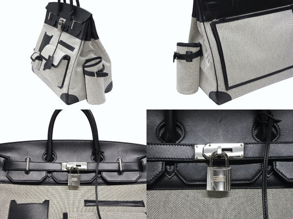 HERMES エルメス オータクロア40 カーゴ ハンドバッグ トワルアッシュ ヴォーエバーカーフ エクリュ ブラック Z刻印 2021年 SV金具 美品 中古 4b008142